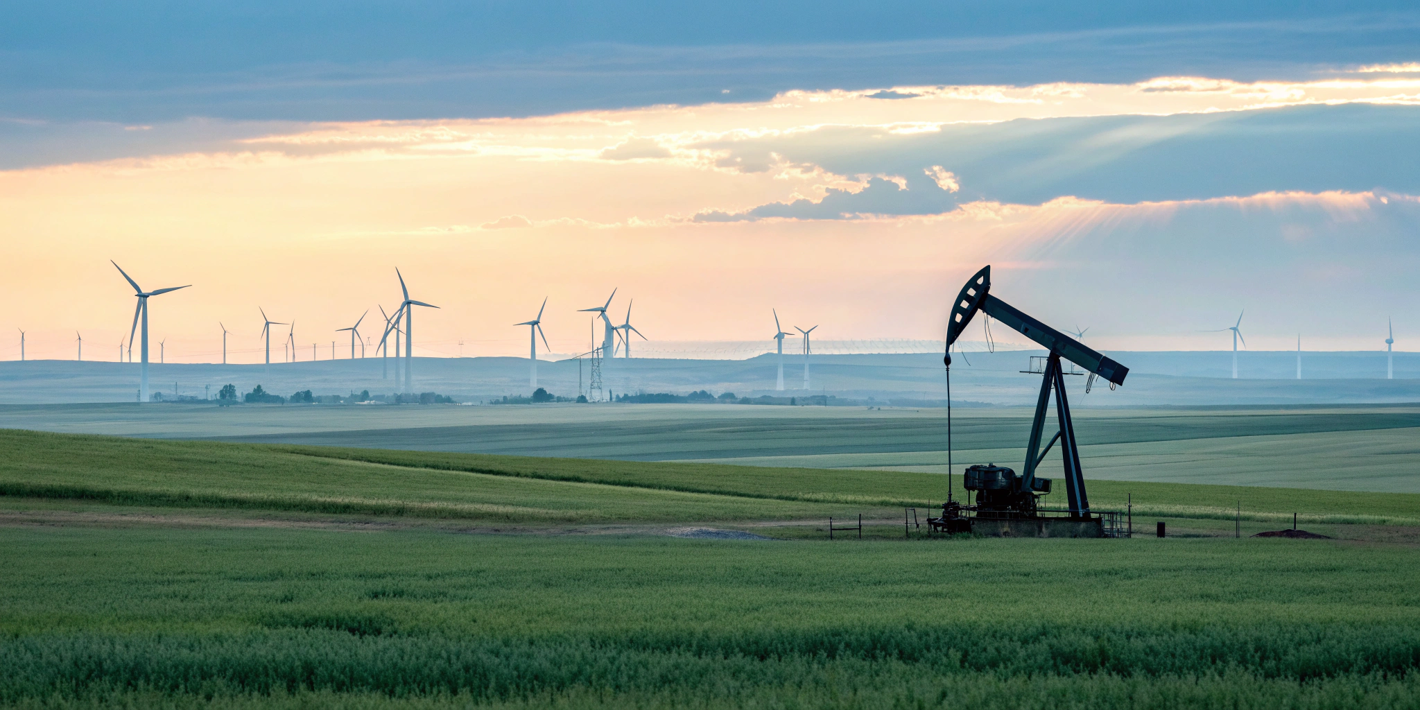 Oil pumpjack and wind turbines at sunset, a look at the forces shaping the energy market.