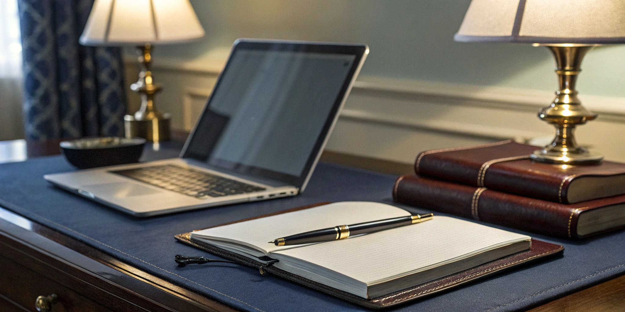 Creating an investment policy statement with a laptop, notebook, and pen.
