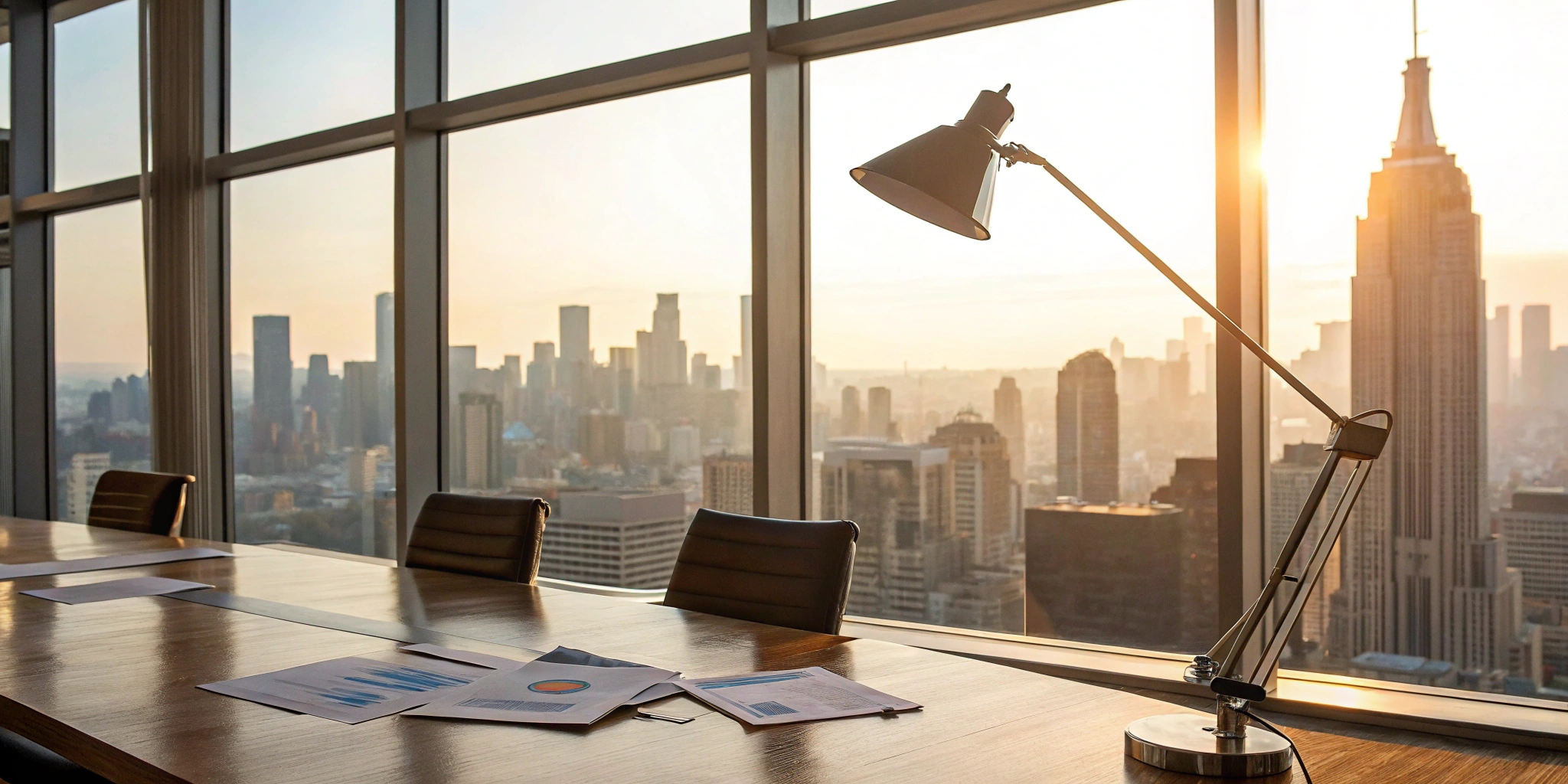 Financial documents for large-cap equity strategies on a desk in a modern office with a city view.