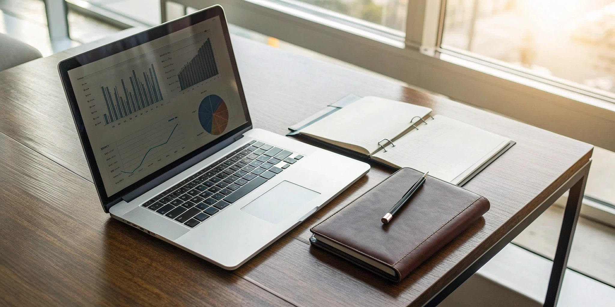 Laptop displaying financial charts on a desk for managing outsourced CIO services.