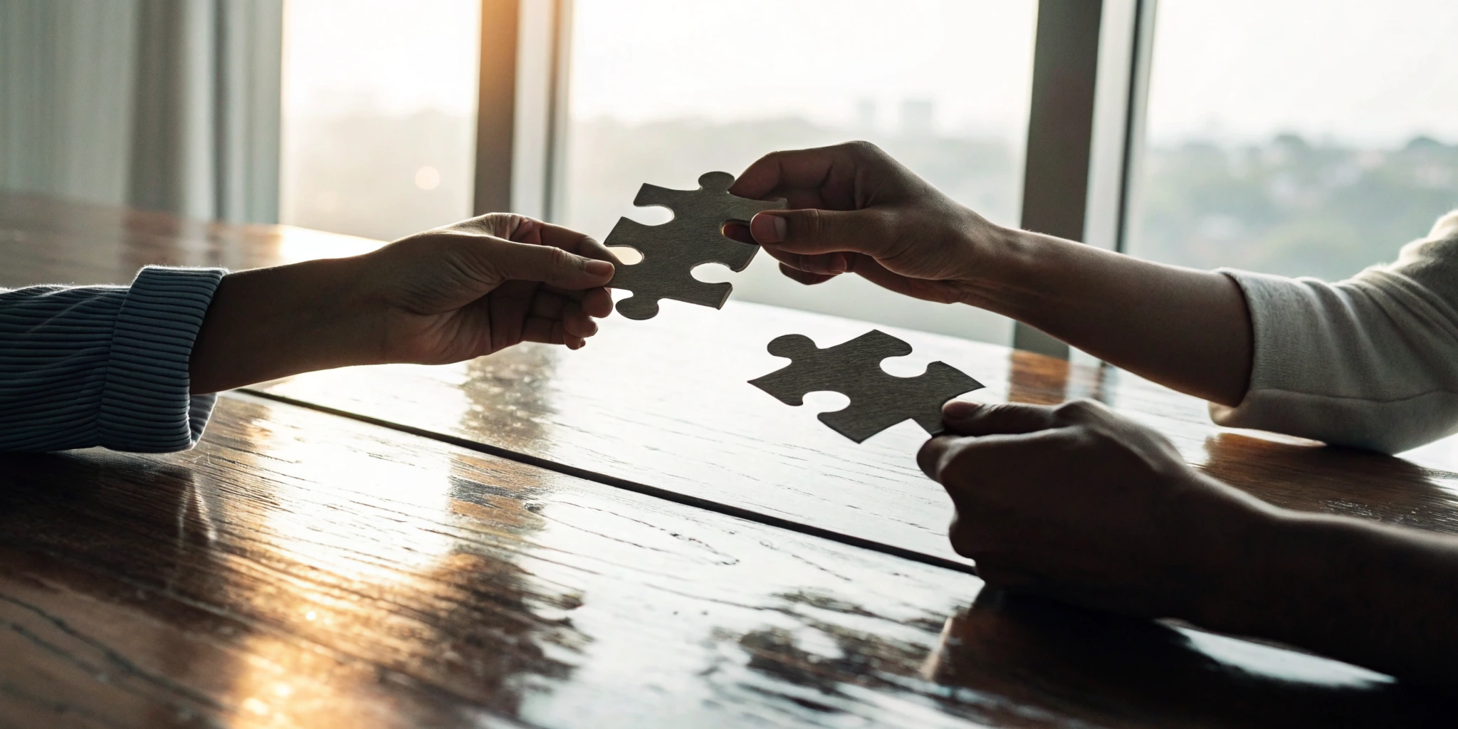 Two partners connecting puzzle pieces, building a collaborative investment.