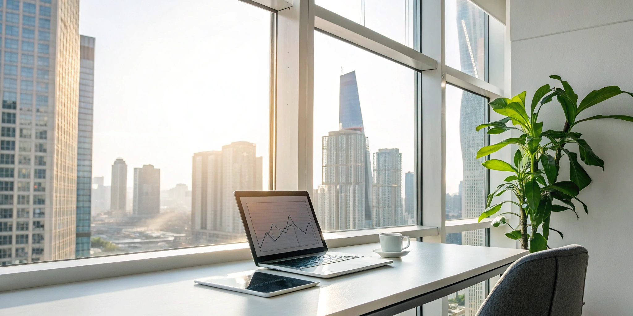 Laptop displaying investment solutions and financial charts for a business owner.