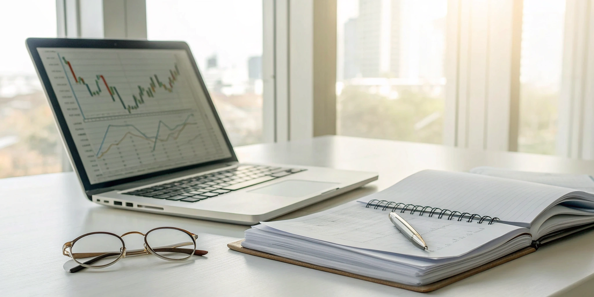 Laptop with stock charts and a notebook for performing small-cap investment research.