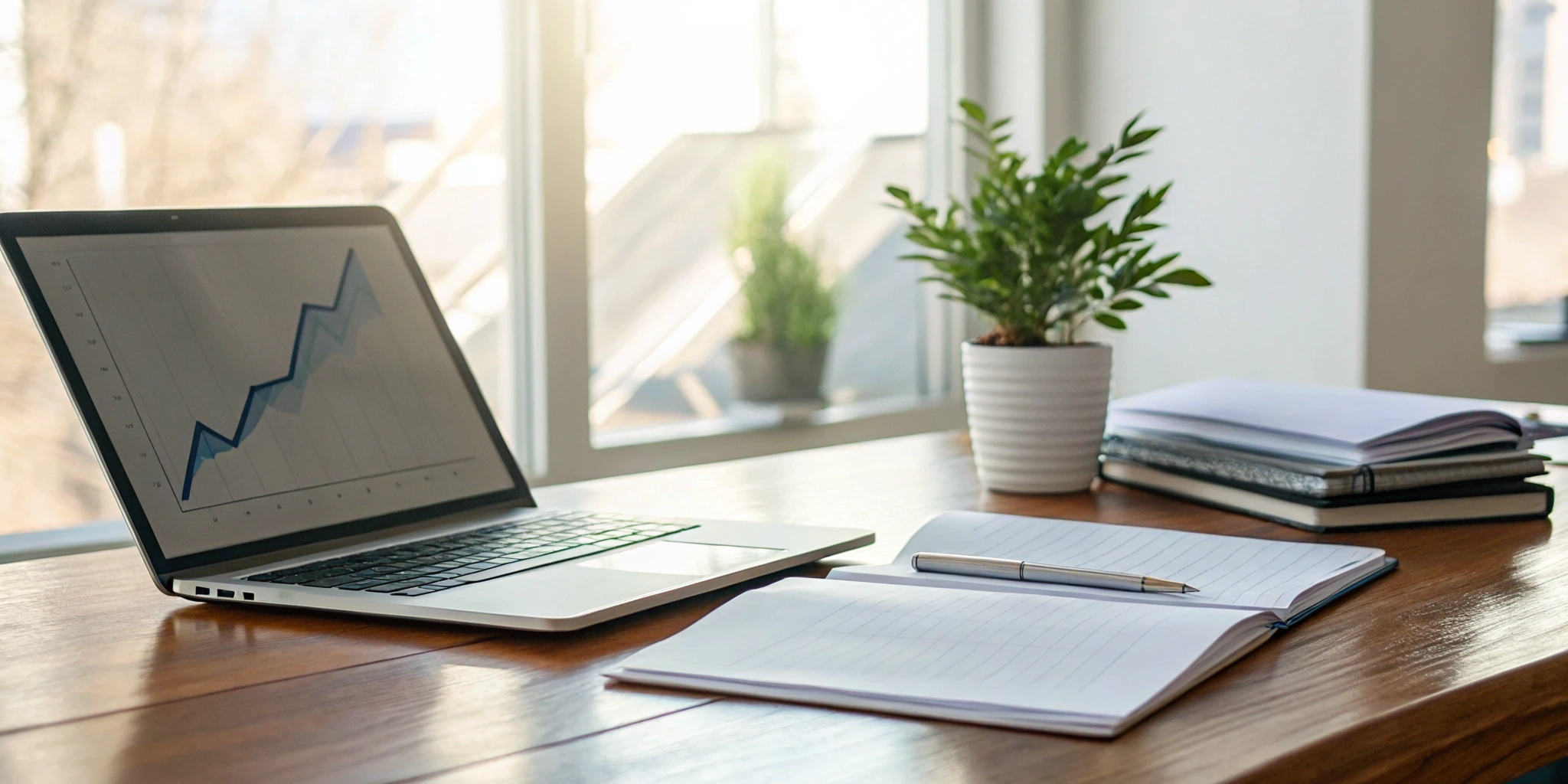 Laptop displaying a rising graph, notebook, and books on a desk for portfolio risk management.