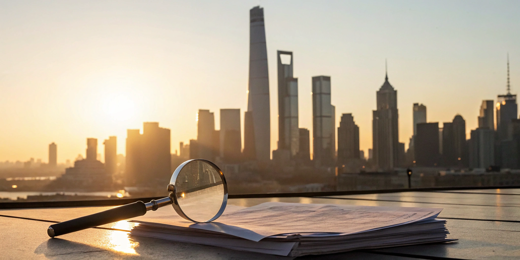 Magnifying glass on financial documents before a city skyline, for navigating rising interest rates.