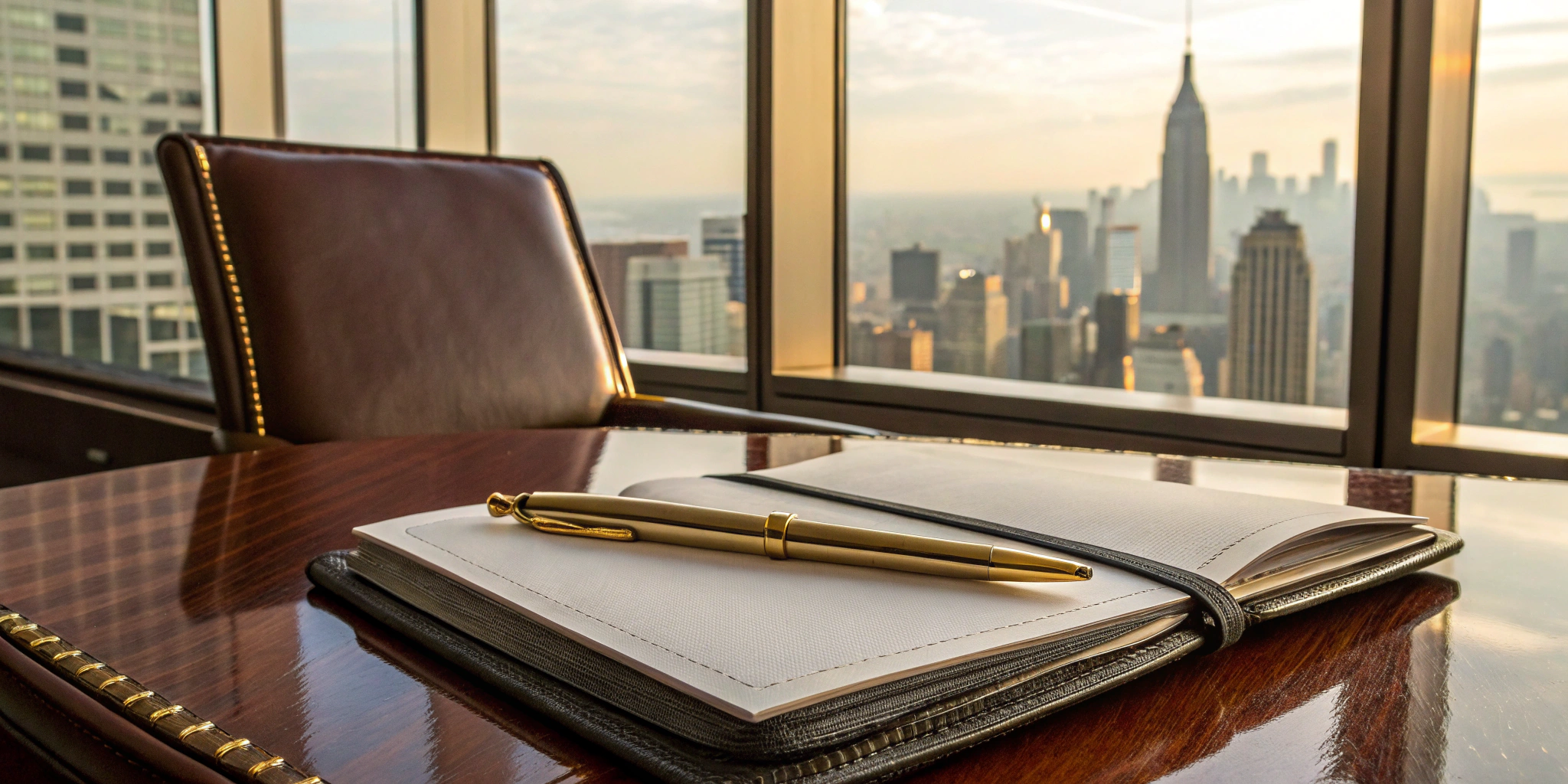 A luxury office desk overlooking a city, for planning high-net-worth investment solutions.